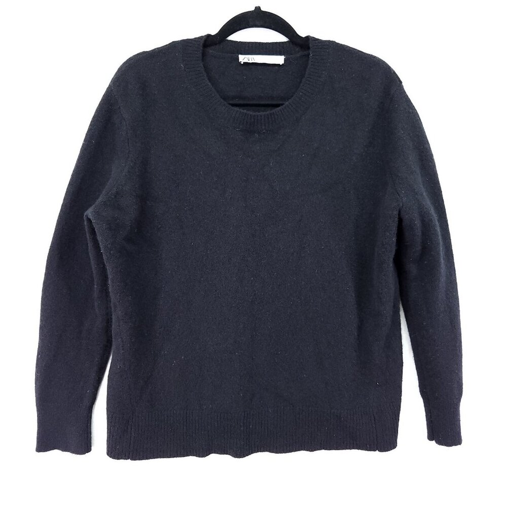 Zara 100% Wool Sweater Women’s Medium Black Knit Classic Preppy Pullover